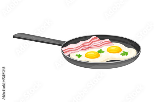 Fried eggs with bacon in frying pan. Tasty food dish for breakfast vector illustration