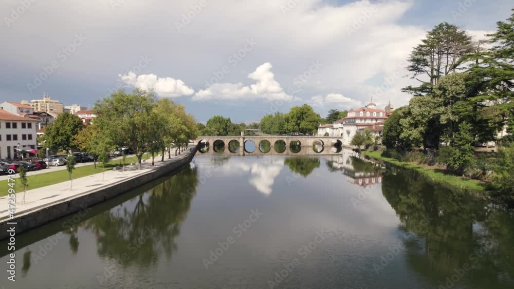 Aerial forward view on ground level over river Tamega. Chaves, Portugal. Real time Aerial forward view on ground level over river Tamega. Chaves, Portugal. Real time