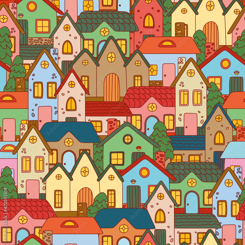 Seamless vector pattern with different colored houses