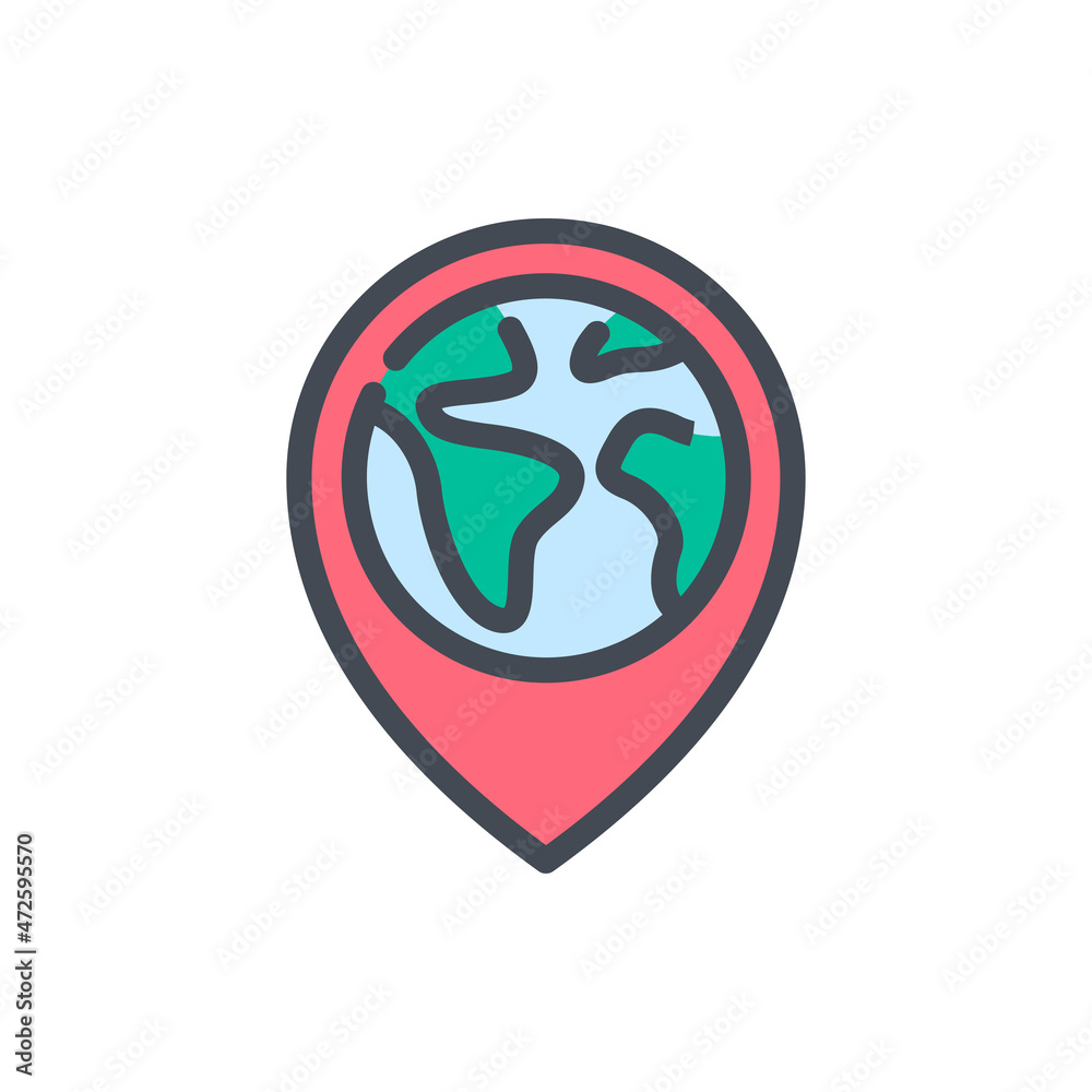 Location pin with planet Earth color line icon. Location marker vector outline colorful sign.