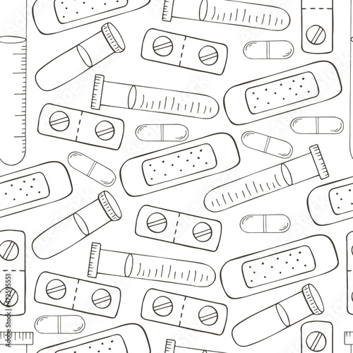 Monochrome medical seamless pattern. Coloring pages, black and white