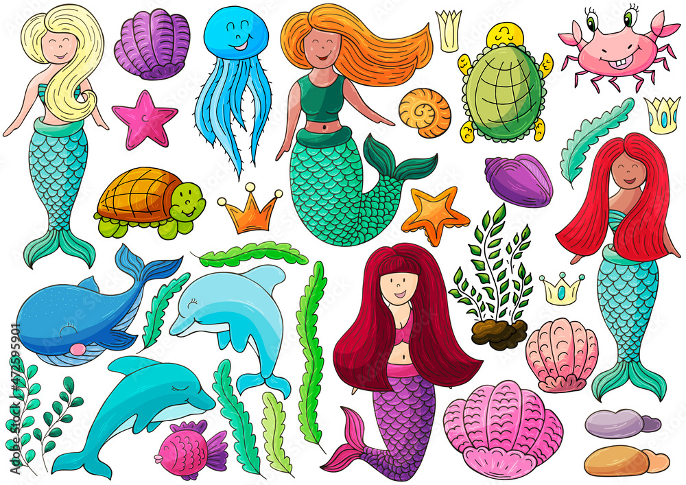 Fototapeta premium Set of illustrations on the marine theme
