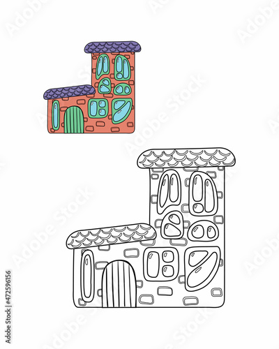 Coloring book of flat art nouveau house. House with unusual windows. Coloring book for school children with easy educational game level. EPS 10