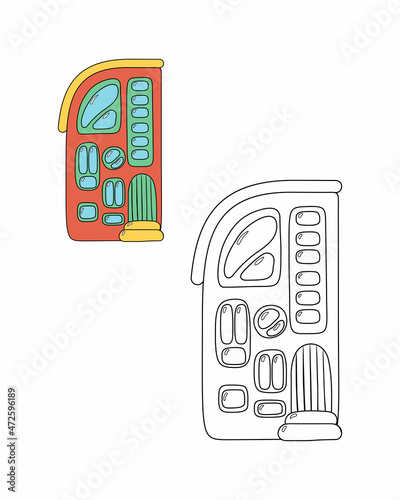 Coloring book of flat art nouveau house. House with unusual windows. Coloring book for school children with easy educational game level. EPS 10