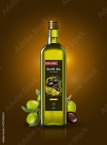 olive oil advertising banner. Olive branch and realistic oil bottle on shiny brown background