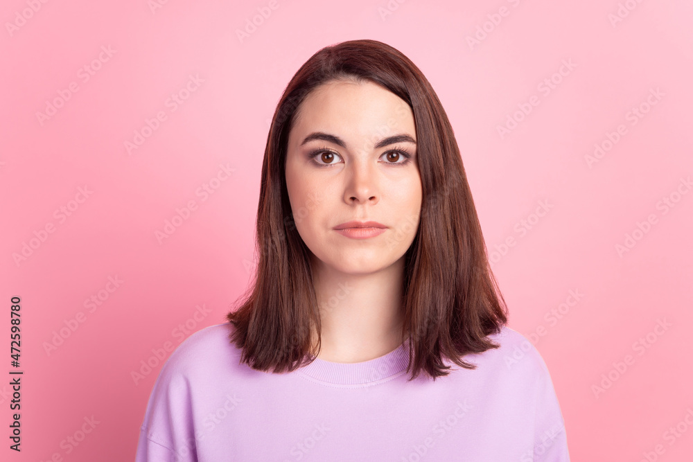 Photo of young lovely lady confident serious smart agent wear casual clothes isolated over pink color background Photo of young lovely lady confident serious smart agent wear casual clothes isolated over pink color background