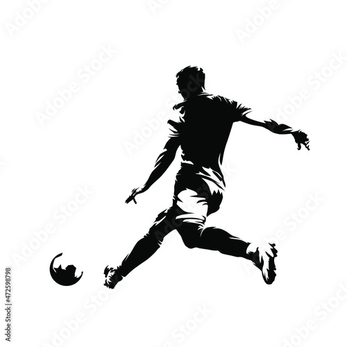 Obraz na plátne Soccer player kicking ball, abstract isolated vector silhouette, footballer logo