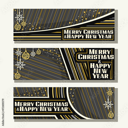 Vector set for Christmas and New Year with copy space, 3 web headers with decorative christmas decorations and unique lettering for words merry christmas and happy new year on dark striped background