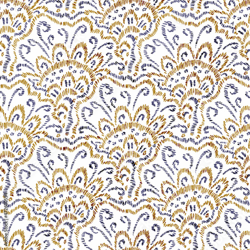 Embroidered seamless pattern. Wavy bohemian print for home decor, pillows, carpets. Paisley style seigaiha ornament. Vector illustration.
