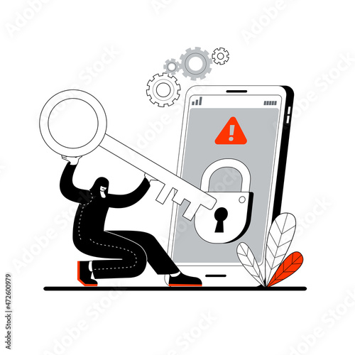 The hacker opens a virtual lock on the phone. The concept of a vector illustration on the topic of hacking mobile phones and hacker attacks.