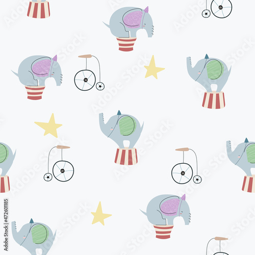 Seamless pattern with cute cartoon elephant. Vector background.