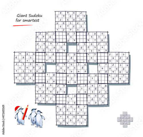 Giant Sudoku for smartest. Logic puzzle. Big size game with 9 squares, difficult level. Printable page for kids brain teaser book. Developing counting skills. Play online. Vector illustration.