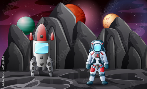 Cartoon astronauts explore outer space with rockets