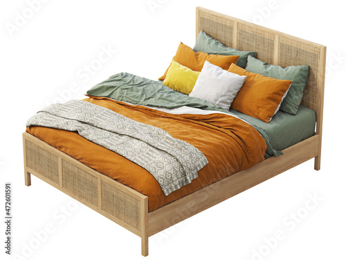 Mid-century wooden double bed with wicker headboard and footboard. 3d render.