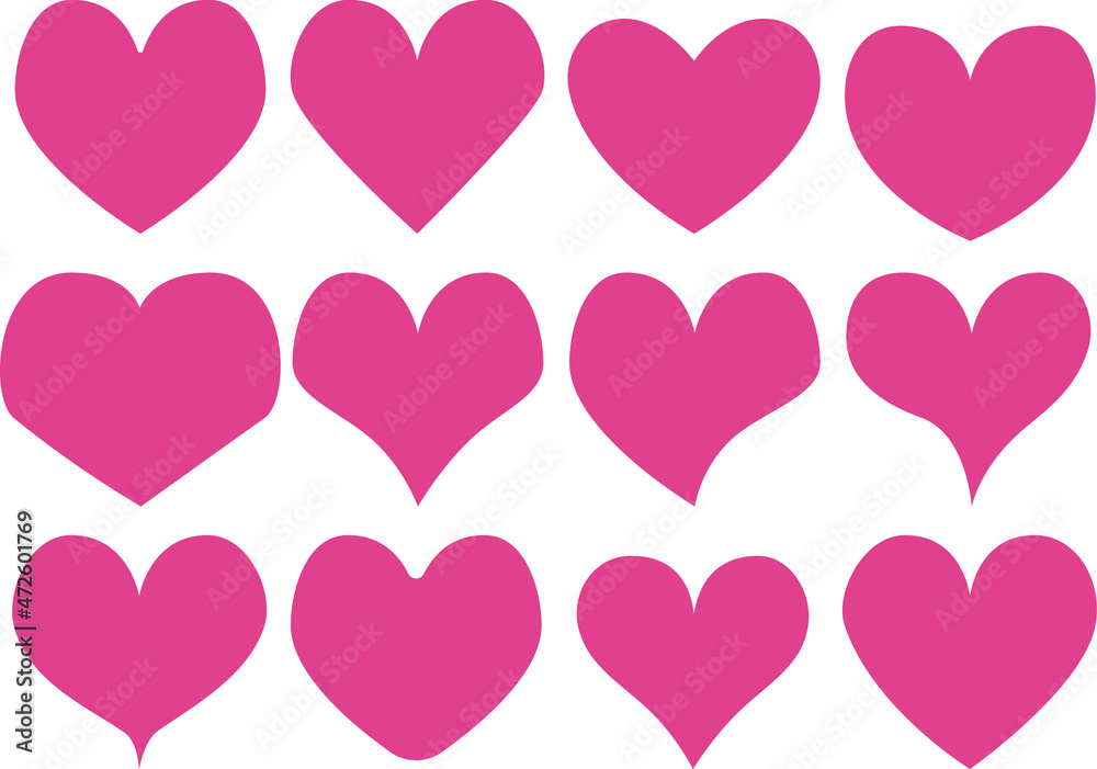 A set of pink hearts of different shapes. Vector flat illustration.