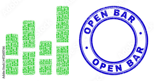 Vector bar chart icon composition is composed from scattered recursive bar chart parts. Open Bar corroded blue round stamp seal. Recursive composition from bar chart icon.