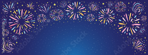 Festive banner with colorful fireworks in the starry sky. Vector horizontal background for holiday, party, Christmas, birthday, carnival, Independence day.