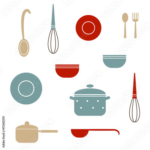 Set of tableware in a flat style.