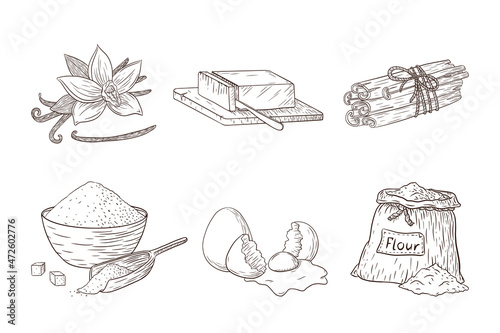 Baking Ingredients Engraved Illustrations Set. Collection of hand drawn food sketches for logo, recipe, sticker, print, bakery menu design and decoration