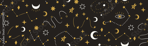 Seamless space banner with celestial symbols of stars, moon, constellation. Vector cosmic background with doodle elements. Hand drawn mystical universe pattern