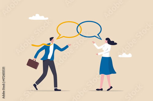 Customer engagement, emotional connection between customer and brand, loyalty, consumer trust or deep relationship concept, businessman represent brand talk with customer as linked speech bubble. photo