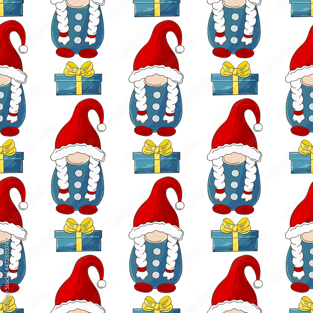 Christmas pattern with scandinavian gnomes in hand draw style