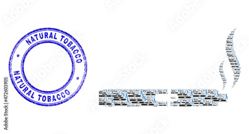 Vector vape smoke icon composition is designed with scattered recursive vape smoke items. Natural Tobacco unclean blue round seal print. Recursive composition of vape smoke icon.