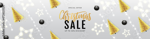 Christmas big sale poster with christmas tree and string of lights. Christmas holiday background. Vector illustration
