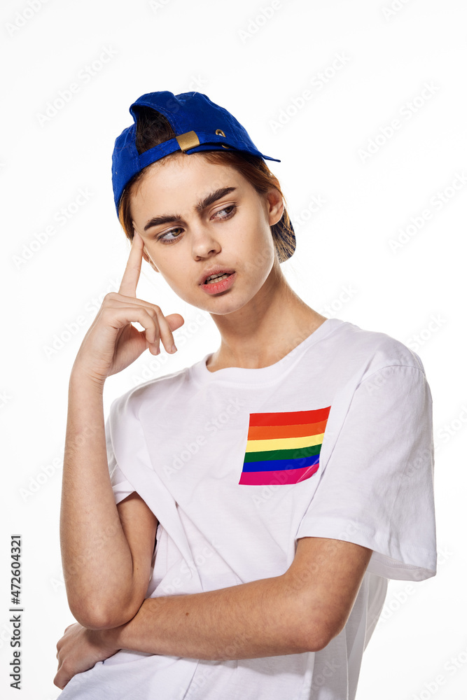woman wearing white t-shirt lgbt flag inventor community woman wearing white t-shirt lgbt flag inventor community
