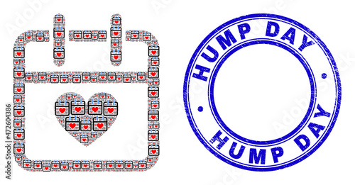 Vector valentine calendar page icon collage is formed with repeating recursive valentine calendar page pictograms. Hump Day grunge blue round seal print.