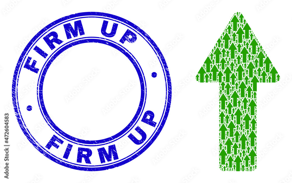 Vector arrow up icon composition is made from scattered recursive arrow up parts. Firm Up unclean blue round seal print. Recursive combination from arrow up icon.