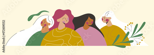 Diverse portrait women different age standing together for female empowerment movement. Sisterhood, support, friendship and care. Group of female characters flat vector cartoon illustration banner