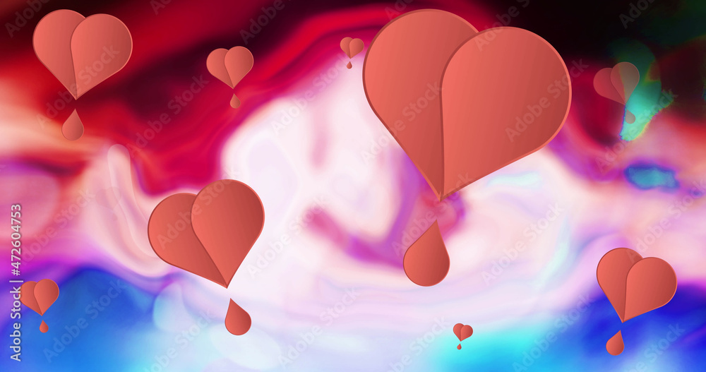 Image of pink hearts moving on multi coloured background