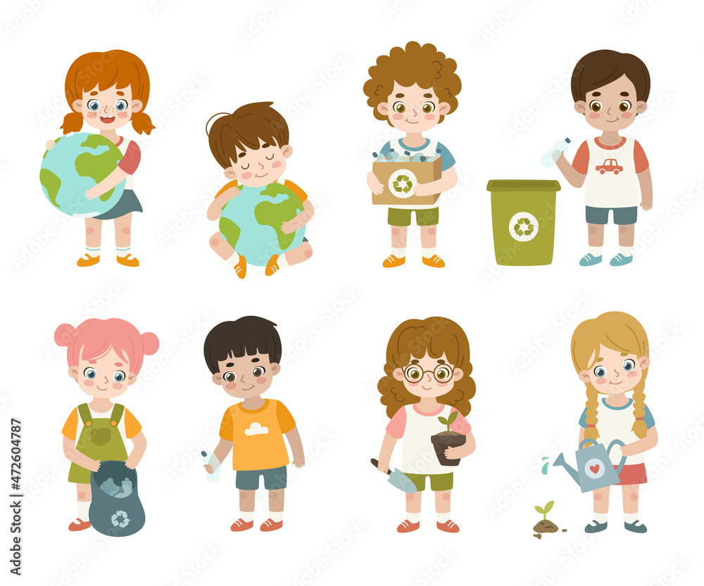 Set of diverse children take care of environment. Collection of friendly kids recycling, planting, clean up, holding planet. Set of diverse children take care of environment. Collection of friendly kids recycling, planting, clean up, holding planet.