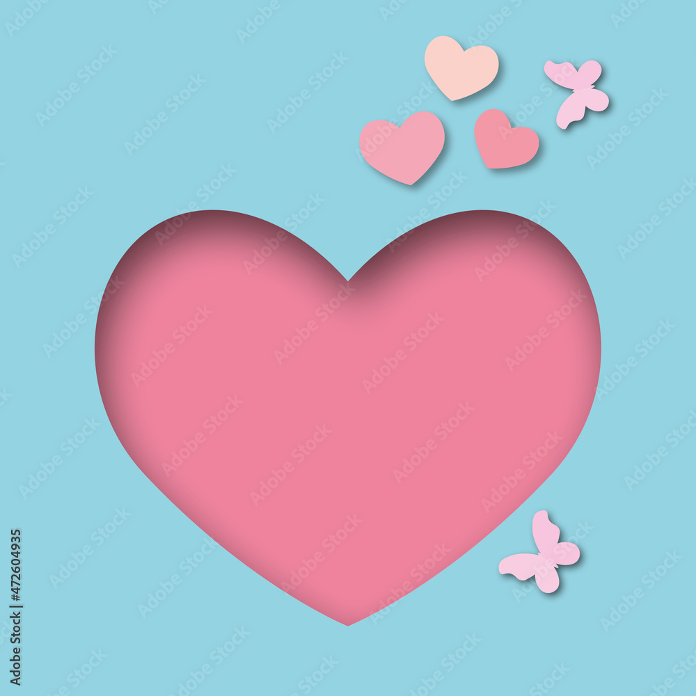 Pink hearts with butterfly on blue background. Greeting card for Wedding, Valentine, Mother's and Father's day, birthday, poster, love concept. space for the text. paper art design style.