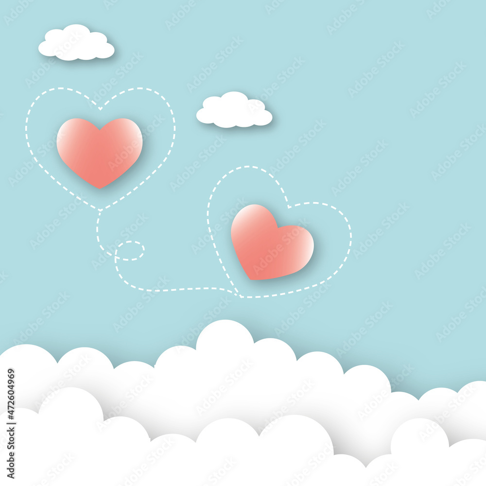 Pink hearts with clouds on blue sky background. Greeting card for Wedding, Valentine, Mother's and Father's day, birthday, poster, love concept. space for the text. paper art design style.