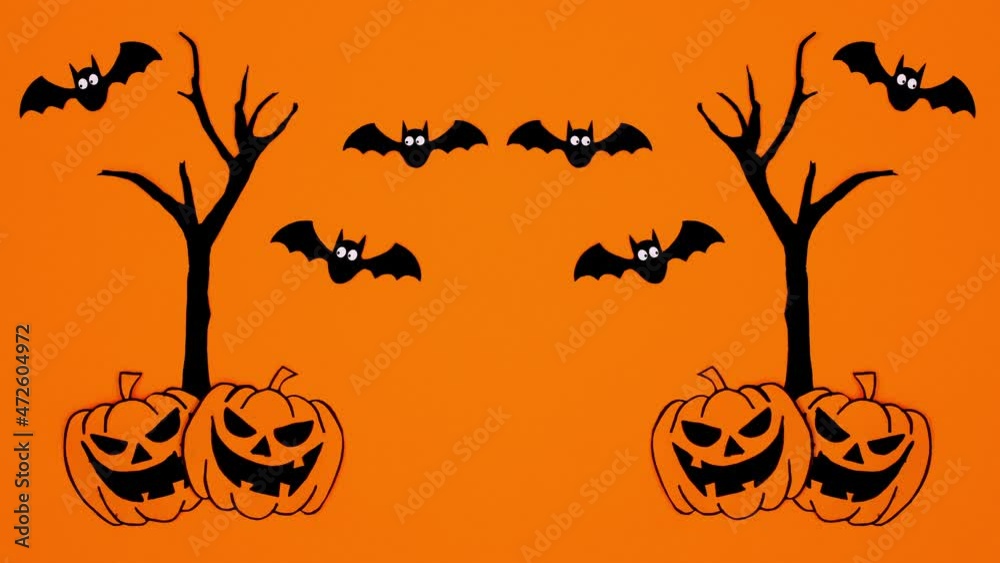 Bats fly above creepy tree with pumpkins. Stop motion Bats fly above creepy tree with pumpkins. Stop motion
