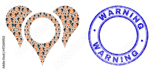 Vector map pointers icon collage is designed from repeating self map pointers items. Warning Pizza Zone dirty blue round seal imitation. Recursive collage from map pointers icon.
