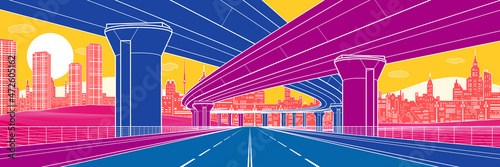 Colorful city architecture and infrastructure illustration, automotive overpass, big bridges, urban scene. Night town. White outlines on color background. Vector design art