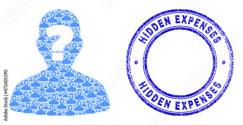 Vector unknown person icon collage is created from random recursive unknown person items. Hidden Expenses rubber blue round stamp seal. Recursive combination for unknown person icon.
