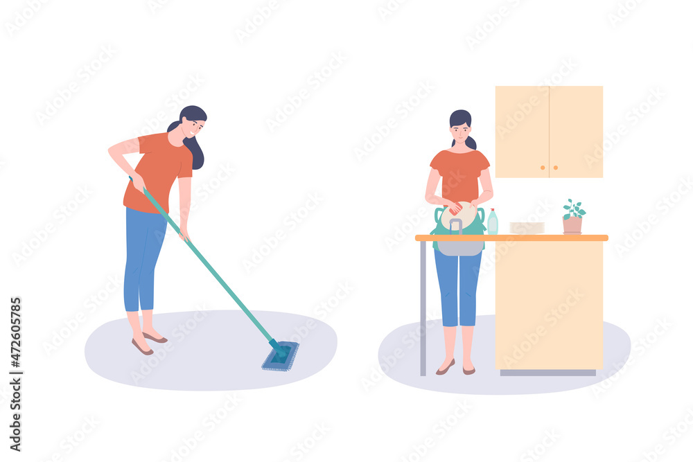 Happy woman washes the floor and dishes, housework, housekeeper services. Flat vector illustration.