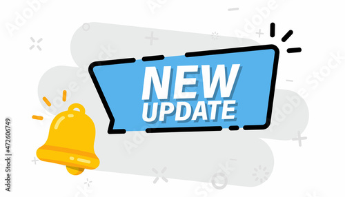 New update. Modern label new update with bell. Web Banner with notification bell. System software upgrade web banner element. Time to updating. Vector computer technology
