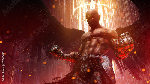 Εκτύπωση καμβά The angry black angel in the cathedral clenches his iron fists spreading his big wings, he has an athletic muscular body, a glowing furious look, and a plate belt, his body sparkles