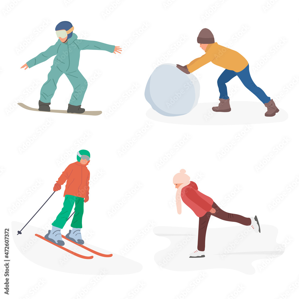 Obraz premium Kids winter sports, Boys and girls skiing, ice skating, snowboarding and making a snowman. Camping on a cold winter day on vacation, flat cartoon vector set of realistic people characters.
