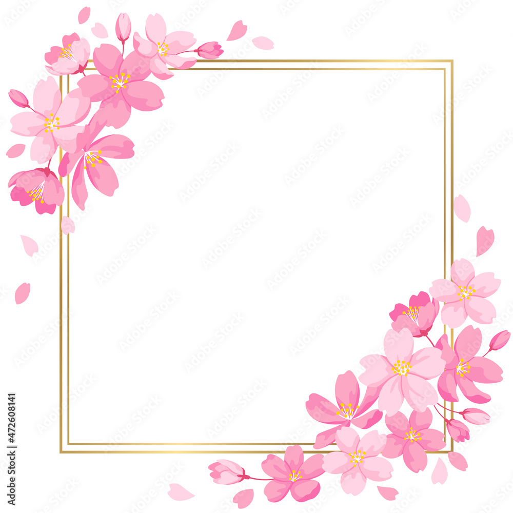 桜の花の装飾フレーム　正方形サイズ　デザイン用のベクター素材　ゴールドのフレーム