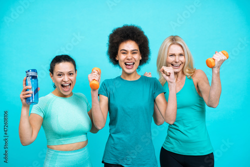 group of different kind of women with different body, age, and ethnicity making sport