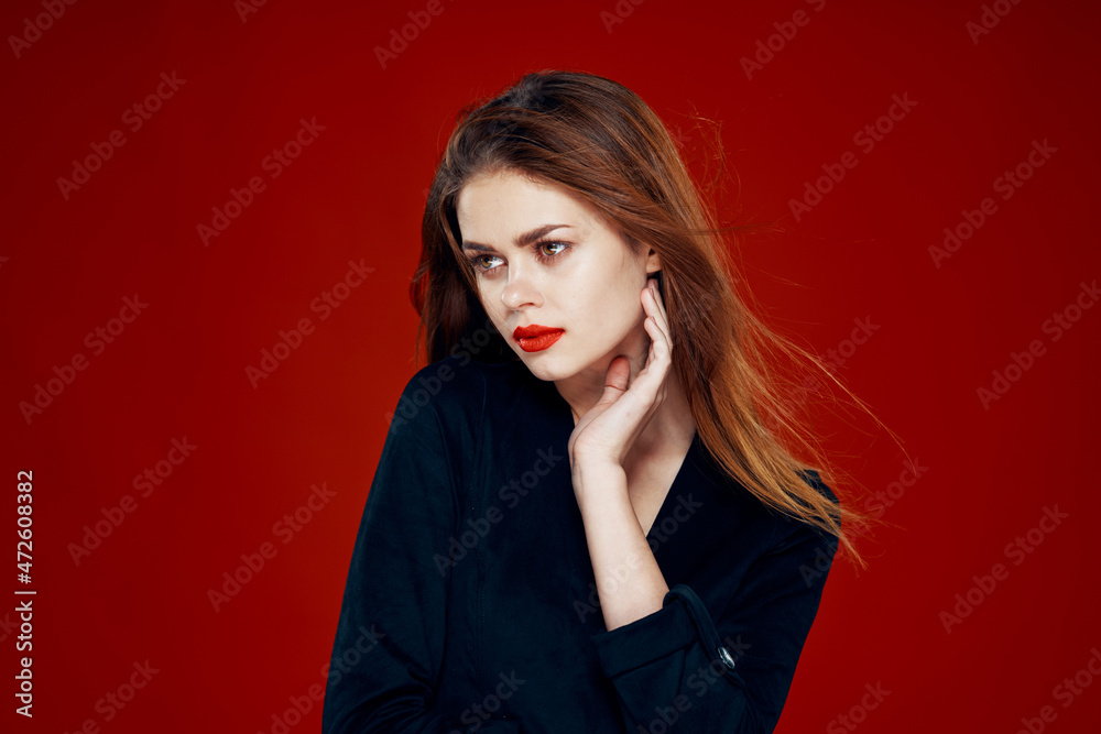 red-haired woman with red lips posing hairstyle glamor red-haired woman with red lips posing hairstyle glamor