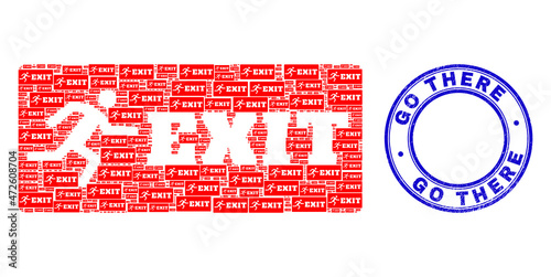 Vector emergency exit icon mosaic is organized with randomized recursive emergency exit items. Go There scratched blue round seal print. Recursive mosaic for emergency exit icon.