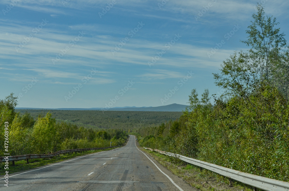 Lidoga - Vanino highway crossing taiga and Sikhote-Alin mountains in Khabarovsky krai, Russia