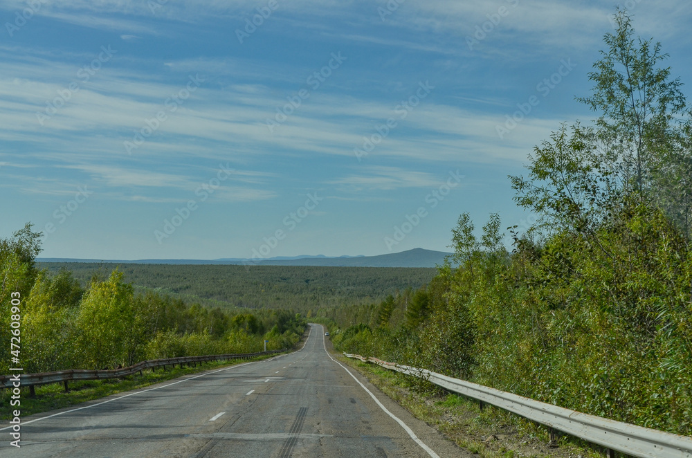Fototapeta premium Lidoga - Vanino highway crossing taiga and Sikhote-Alin mountains in Khabarovsky krai, Russia